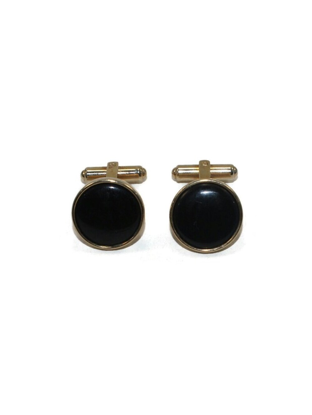 Vintage Gold Tone and Black Plastic Round Cuff Links.
